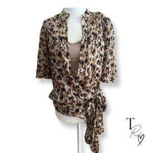 BCBGMaxAzria Silk Abstract Animal Print True Wrap Blouse Cream & Brown Small